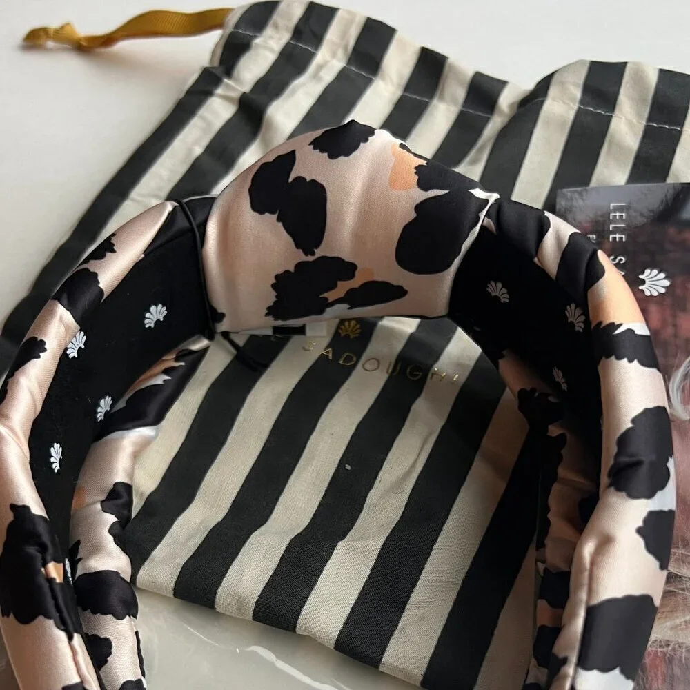Lele Sadoughi Leopard Silk Knotted Headband Gold Logo NWT